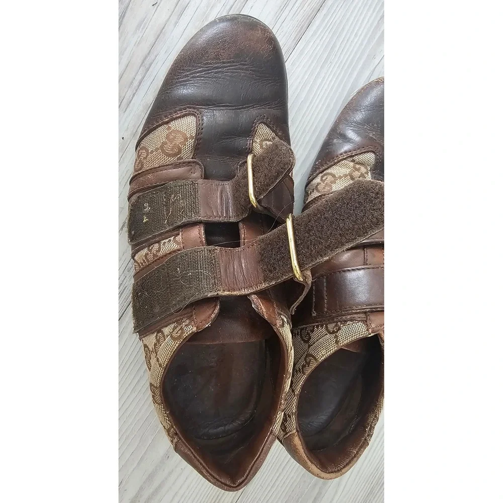 Gucci s GG Monogram Canvas Leather Double Strap Sneakers Brown Men 38.5 094130